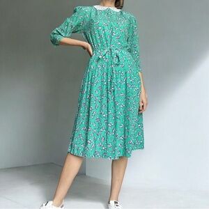 VTG 80s Jane Schaffhausen Belle Dropped Waist Midi Dress Floral Granny Chic S